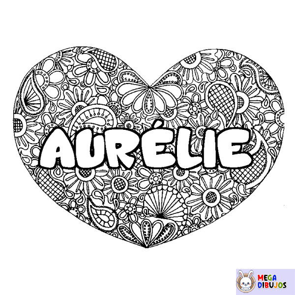 Coloración del nombre AUR&Eacute;LIE - decorado mandala de coraz&oacute;n