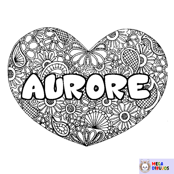 Coloración del nombre AURORE - decorado mandala de coraz&oacute;n