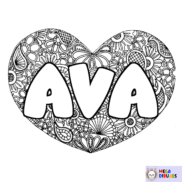 Coloración del nombre AVA - decorado mandala de coraz&oacute;n