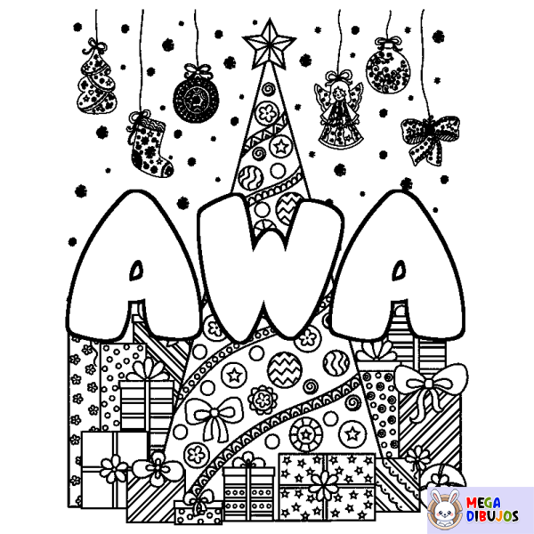 Coloración del nombre AWA - decorado &aacute;rbol de Navidad y regalos