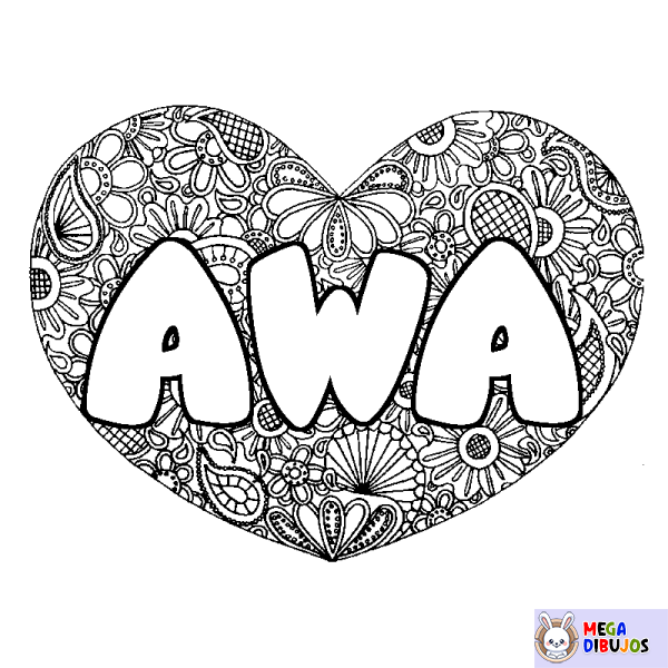 Coloración del nombre AWA - decorado mandala de coraz&oacute;n