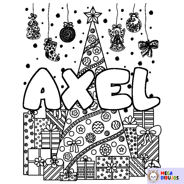 Coloración del nombre AXEL - decorado &aacute;rbol de Navidad y regalos