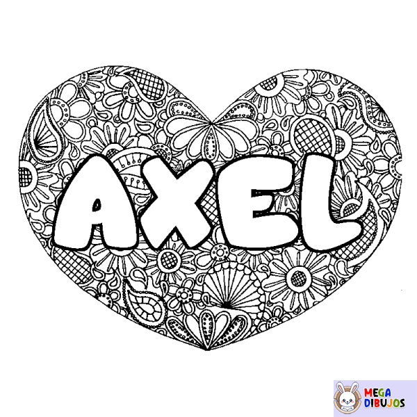 Coloración del nombre AXEL - decorado mandala de coraz&oacute;n