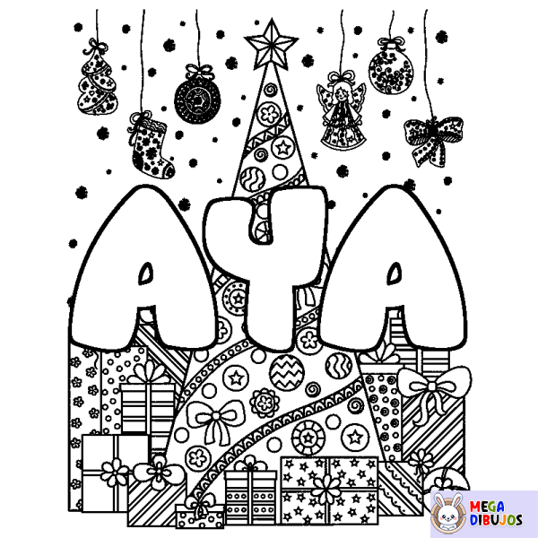 Coloración del nombre AYA - decorado &aacute;rbol de Navidad y regalos