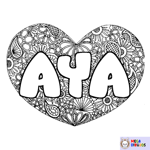 Coloración del nombre AYA - decorado mandala de coraz&oacute;n
