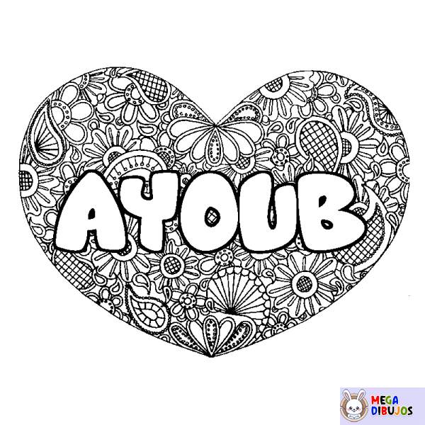 Coloración del nombre AYOUB - decorado mandala de coraz&oacute;n