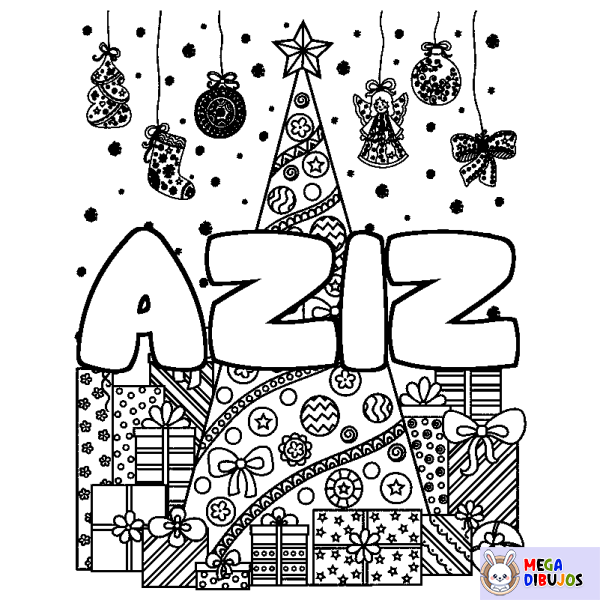 Coloración del nombre AZIZ - decorado &aacute;rbol de Navidad y regalos