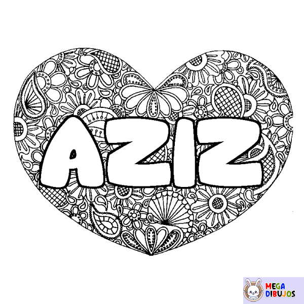 Coloración del nombre AZIZ - decorado mandala de coraz&oacute;n