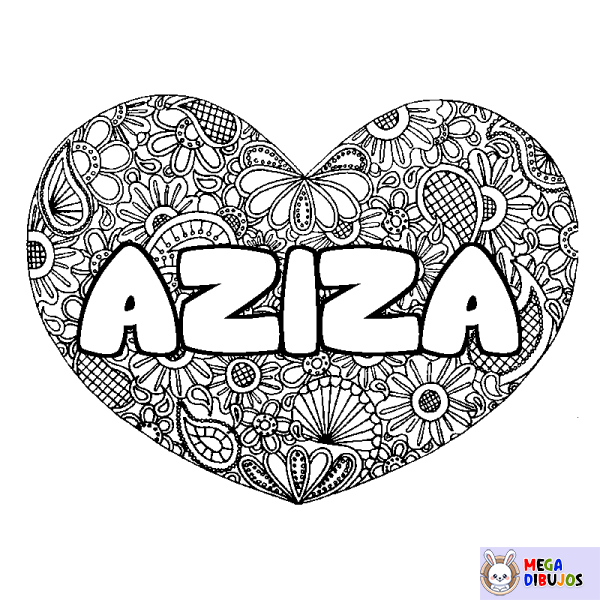 Coloración del nombre AZIZA - decorado mandala de coraz&oacute;n