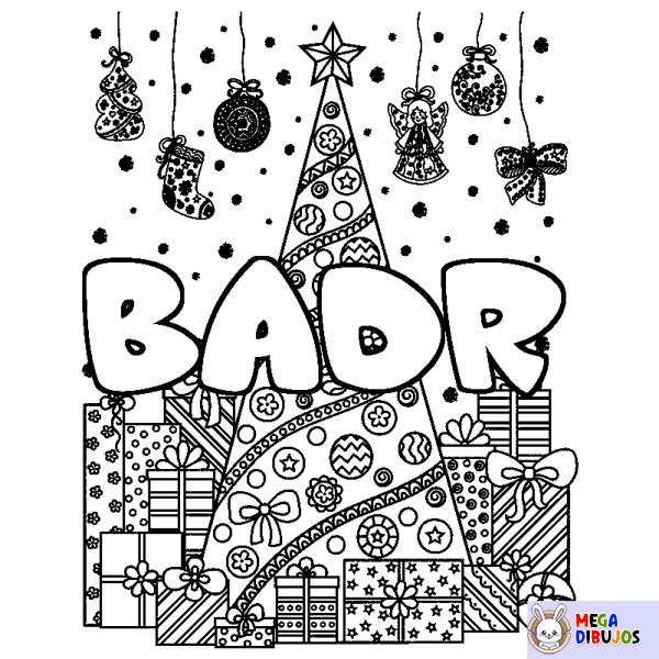 Coloración del nombre BADR - decorado &aacute;rbol de Navidad y regalos