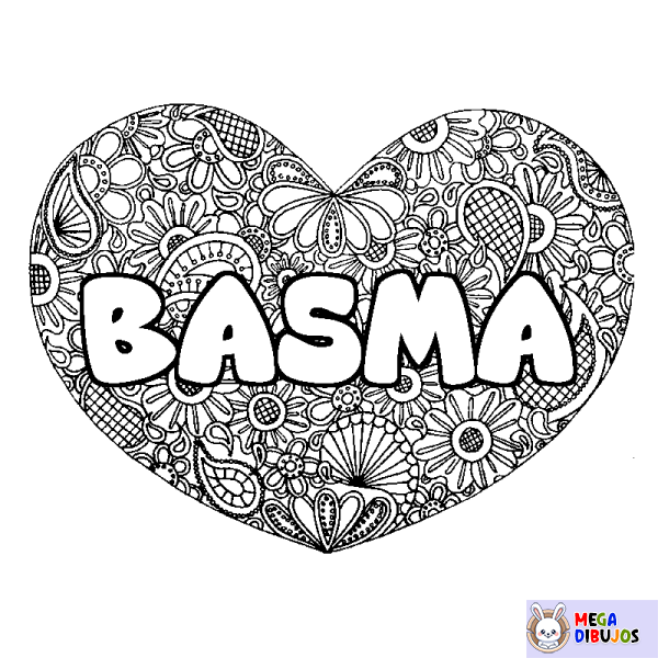 Coloración del nombre BASMA - decorado mandala de coraz&oacute;n