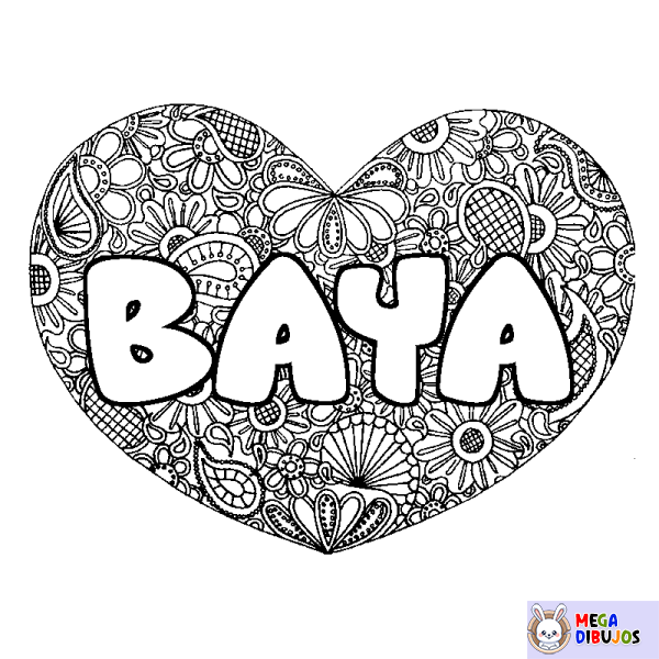 Coloración del nombre BAYA - decorado mandala de coraz&oacute;n