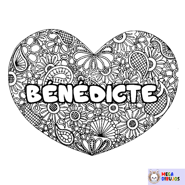 Coloración del nombre B&Eacute;N&Eacute;DICTE - decorado mandala de coraz&oacute;n