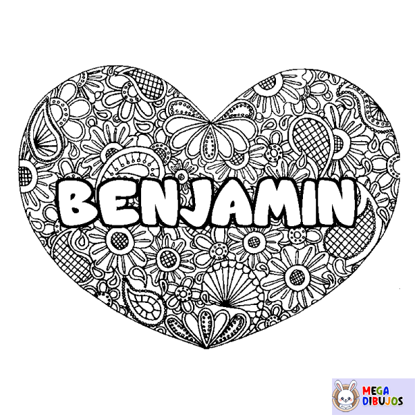 Coloración del nombre BENJAMIN - decorado mandala de coraz&oacute;n