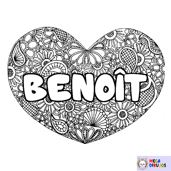 Coloración del nombre BENO&Icirc;T - decorado mandala de coraz&oacute;n