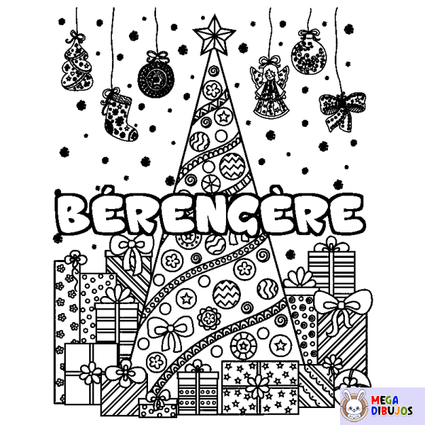 Coloración del nombre B&Eacute;RENG&Egrave;RE - decorado &aacute;rbol de Navidad y regalos