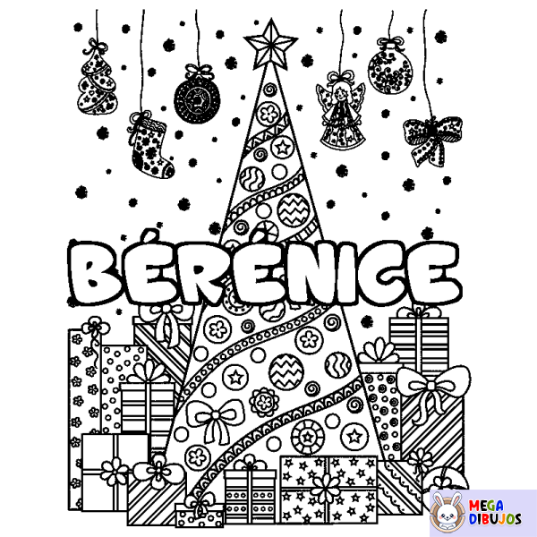 Coloración del nombre B&Eacute;R&Eacute;NICE - decorado &aacute;rbol de Navidad y regalos