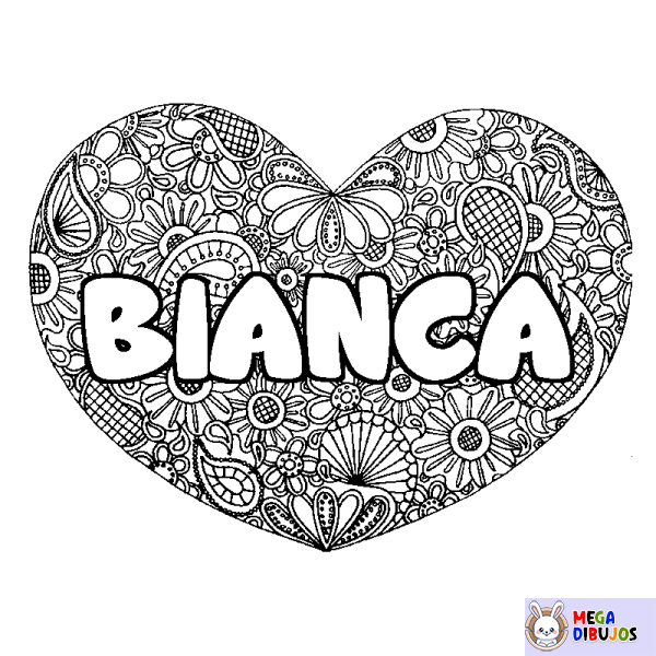 Coloración del nombre BIANCA - decorado mandala de coraz&oacute;n