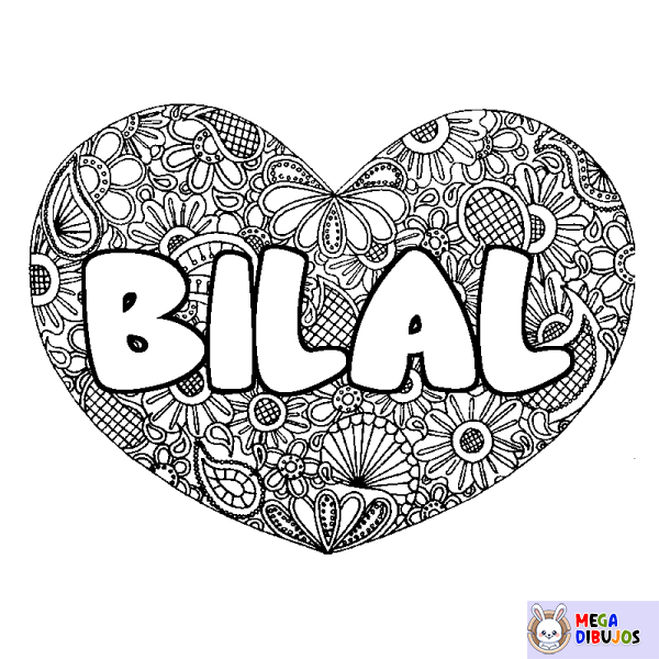 Coloración del nombre BILAL - decorado mandala de coraz&oacute;n