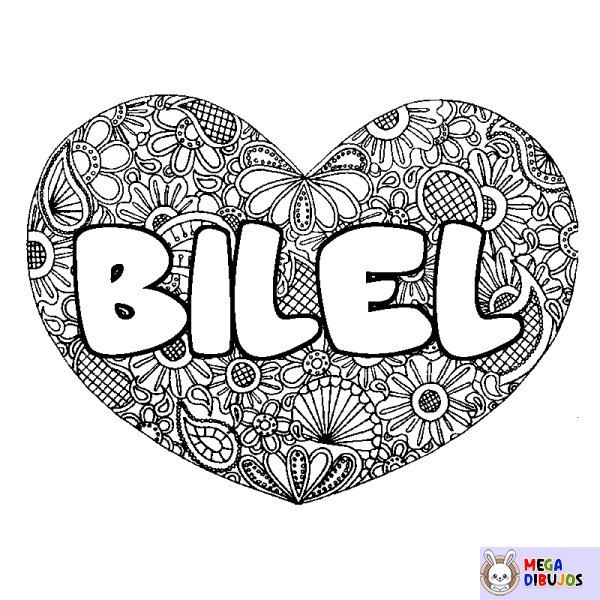 Coloración del nombre BILEL - decorado mandala de coraz&oacute;n