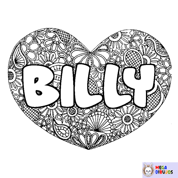 Coloración del nombre BILLY - decorado mandala de coraz&oacute;n