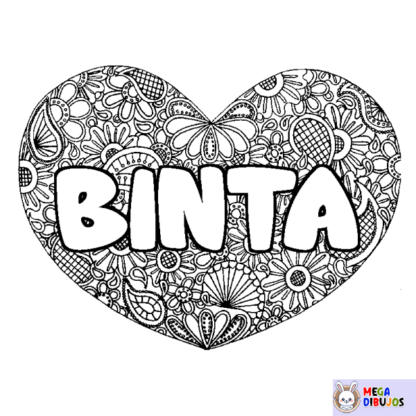 Coloración del nombre BINTA - decorado mandala de coraz&oacute;n