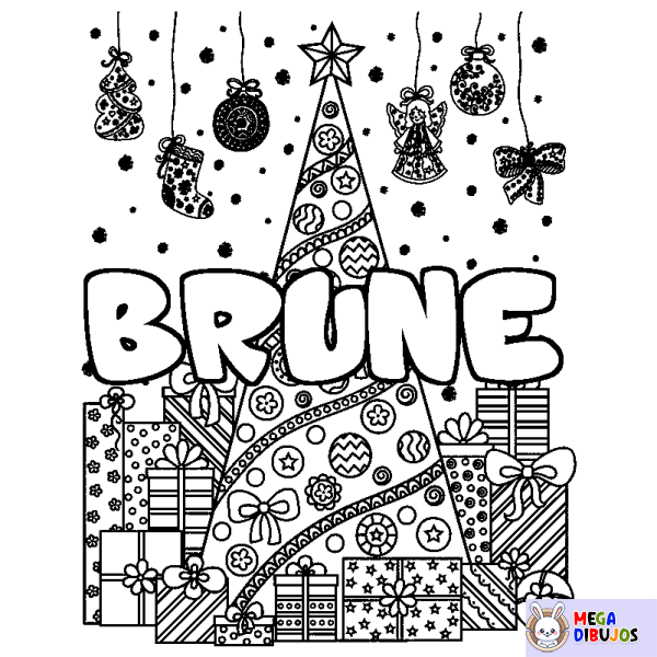 Coloración del nombre BRUNE - decorado &aacute;rbol de Navidad y regalos