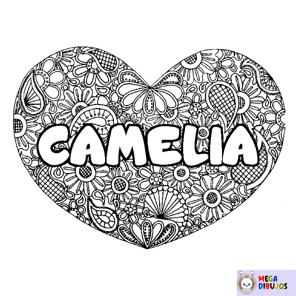 Coloración del nombre CAMELIA - decorado mandala de coraz&oacute;n