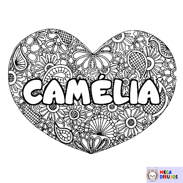 Coloración del nombre CAM&Eacute;LIA - decorado mandala de coraz&oacute;n