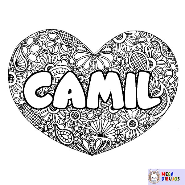 Coloración del nombre CAMIL - decorado mandala de coraz&oacute;n