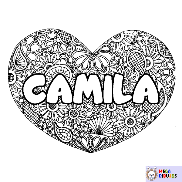 Coloración del nombre CAMILA - decorado mandala de coraz&oacute;n