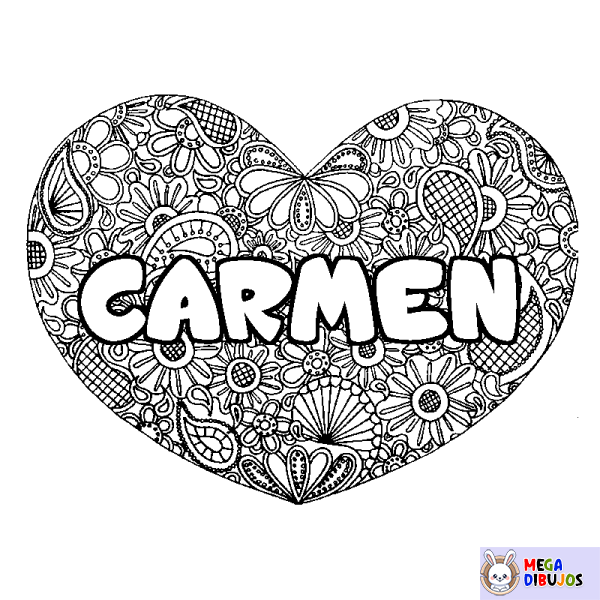 Coloración del nombre CARMEN - decorado mandala de coraz&oacute;n