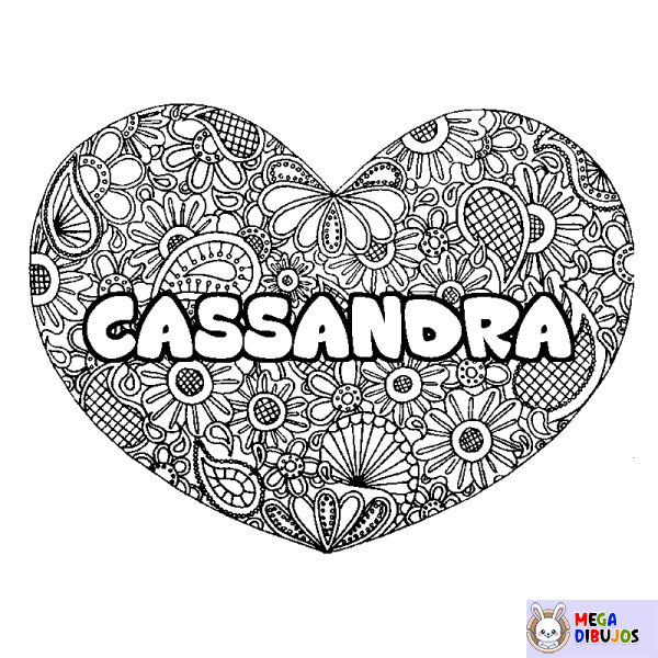 Coloración del nombre CASSANDRA - decorado mandala de coraz&oacute;n