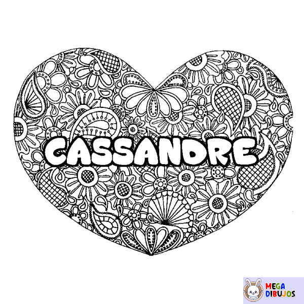 Coloración del nombre CASSANDRE - decorado mandala de coraz&oacute;n