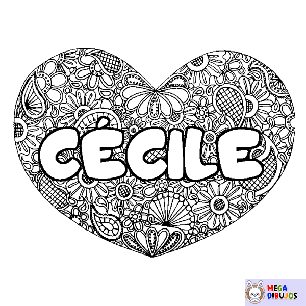 Coloración del nombre C&Eacute;CILE - decorado mandala de coraz&oacute;n