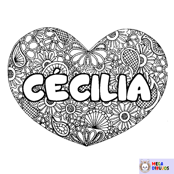 Coloración del nombre C&Eacute;CILIA - decorado mandala de coraz&oacute;n