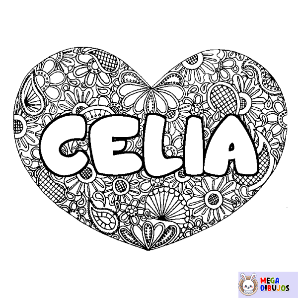 Coloración del nombre CELIA - decorado mandala de coraz&oacute;n