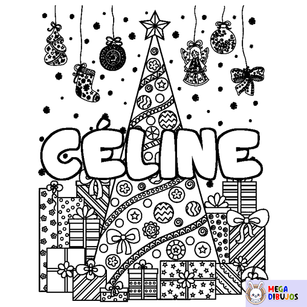 Coloración del nombre C&Eacute;LINE - decorado &aacute;rbol de Navidad y regalos