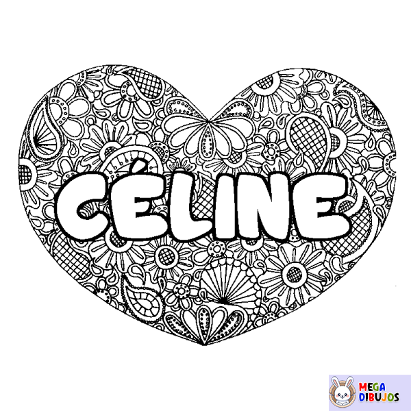 Coloración del nombre C&Eacute;LINE - decorado mandala de coraz&oacute;n