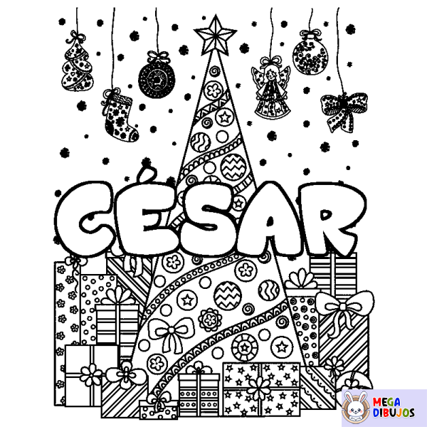 Coloración del nombre C&Eacute;SAR - decorado &aacute;rbol de Navidad y regalos