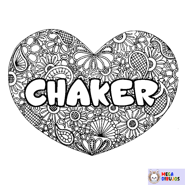 Coloración del nombre CHAKER - decorado mandala de coraz&oacute;n