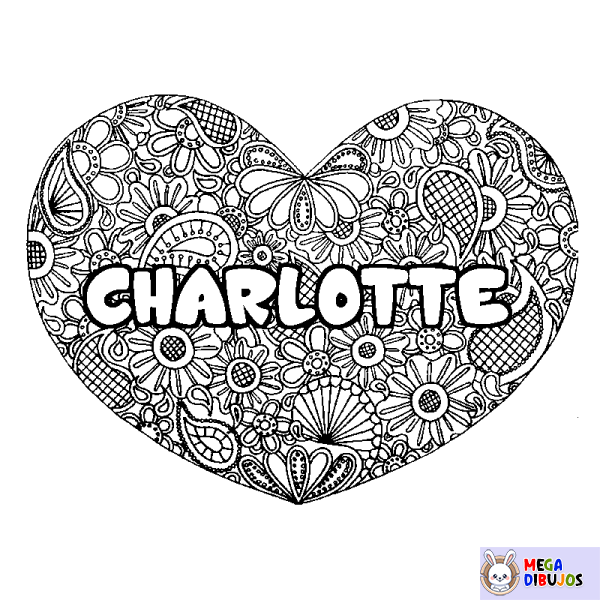 Coloración del nombre CHARLOTTE - decorado mandala de coraz&oacute;n