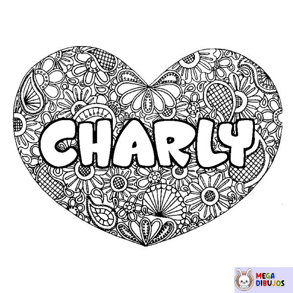 Coloración del nombre CHARLY - decorado mandala de coraz&oacute;n