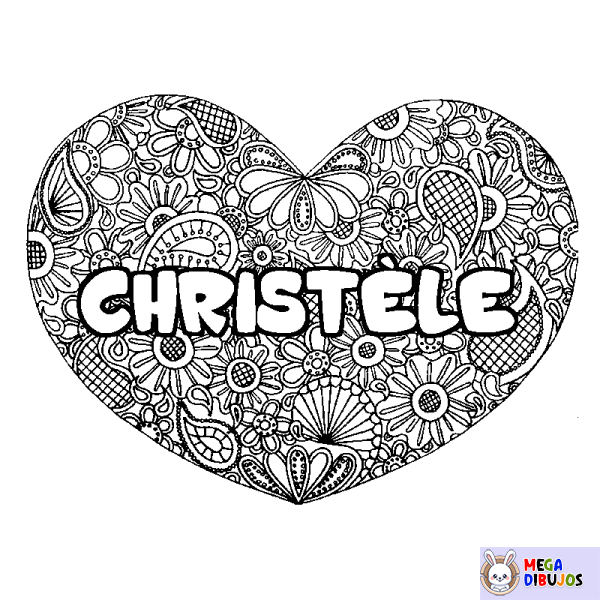 Coloración del nombre CHRIST&Egrave;LE - decorado mandala de coraz&oacute;n