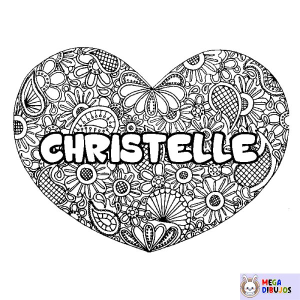 Coloración del nombre CHRISTELLE - decorado mandala de coraz&oacute;n