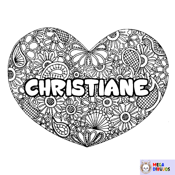 Coloración del nombre CHRISTIANE - decorado mandala de coraz&oacute;n