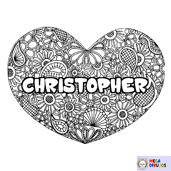 Coloración del nombre CHRISTOPHER - decorado mandala de coraz&oacute;n