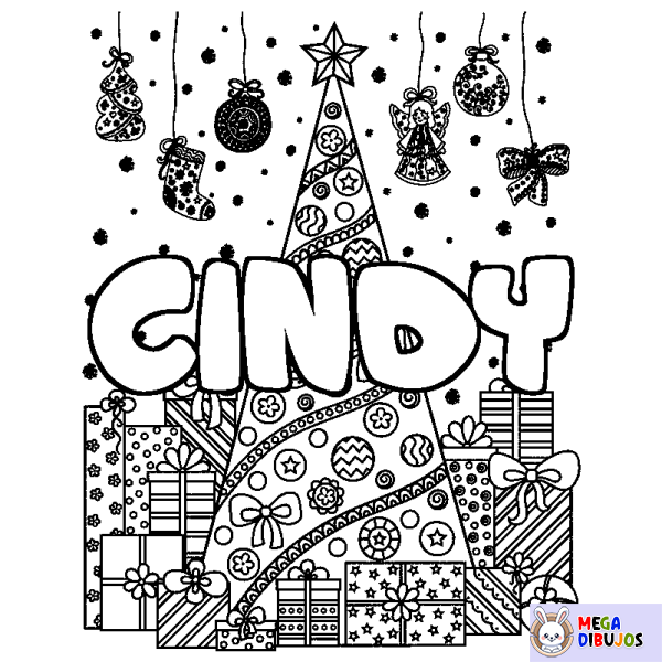 Coloración del nombre CINDY - decorado &aacute;rbol de Navidad y regalos