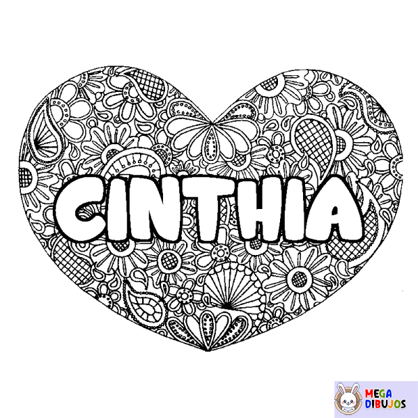 Coloración del nombre CINTHIA - decorado mandala de coraz&oacute;n