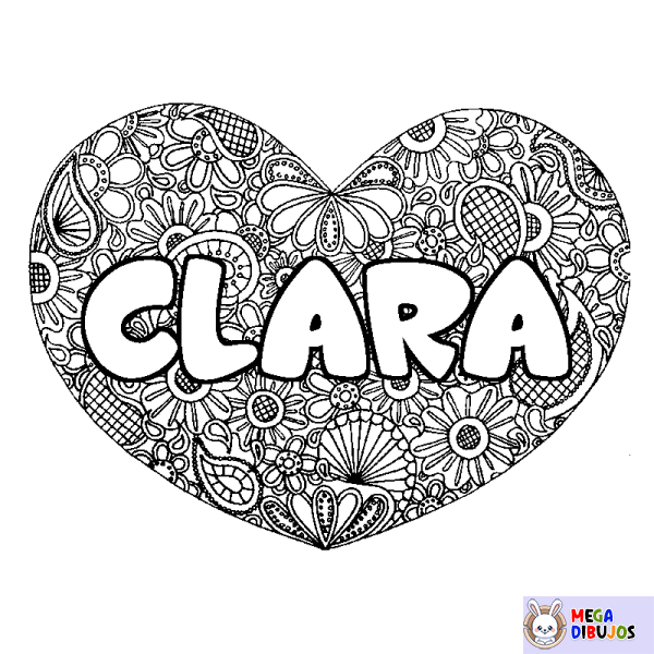 Coloración del nombre CLARA - decorado mandala de coraz&oacute;n